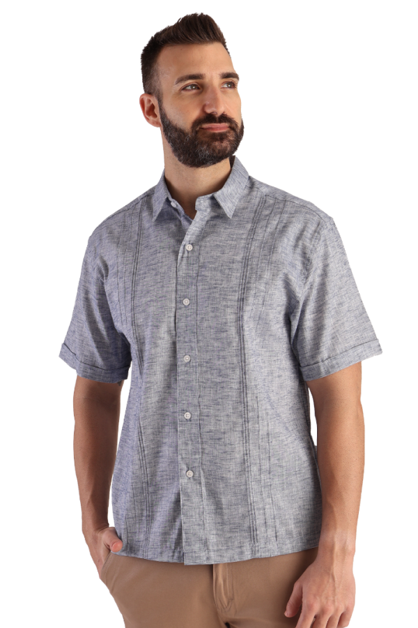 Camisa Tipo Guayabera Azul Marino Manga Corta Look Lino Para Caballero